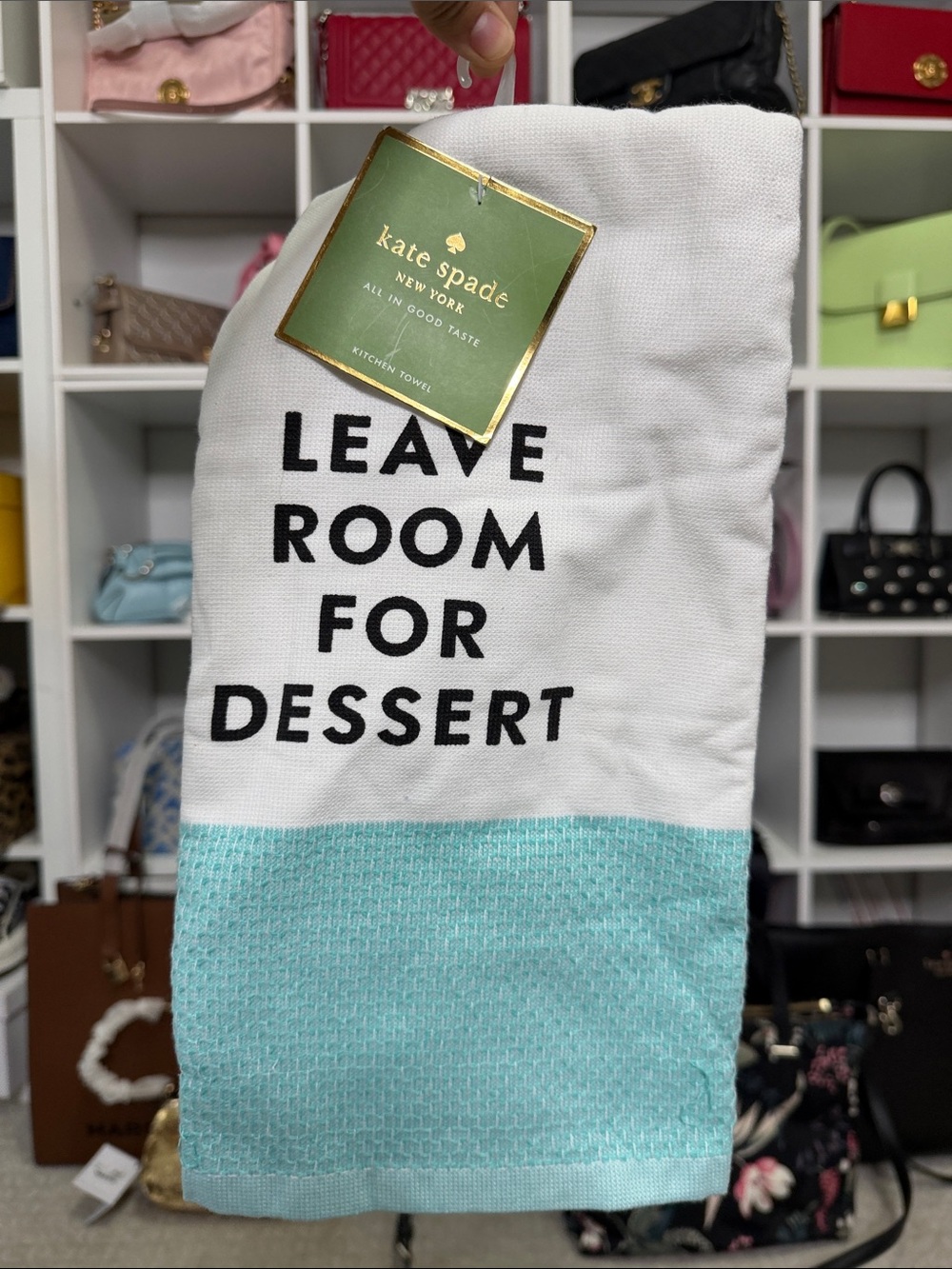 kate spade White & Aqua 'Leave Room for Dessert' Kitchen Towel NWT